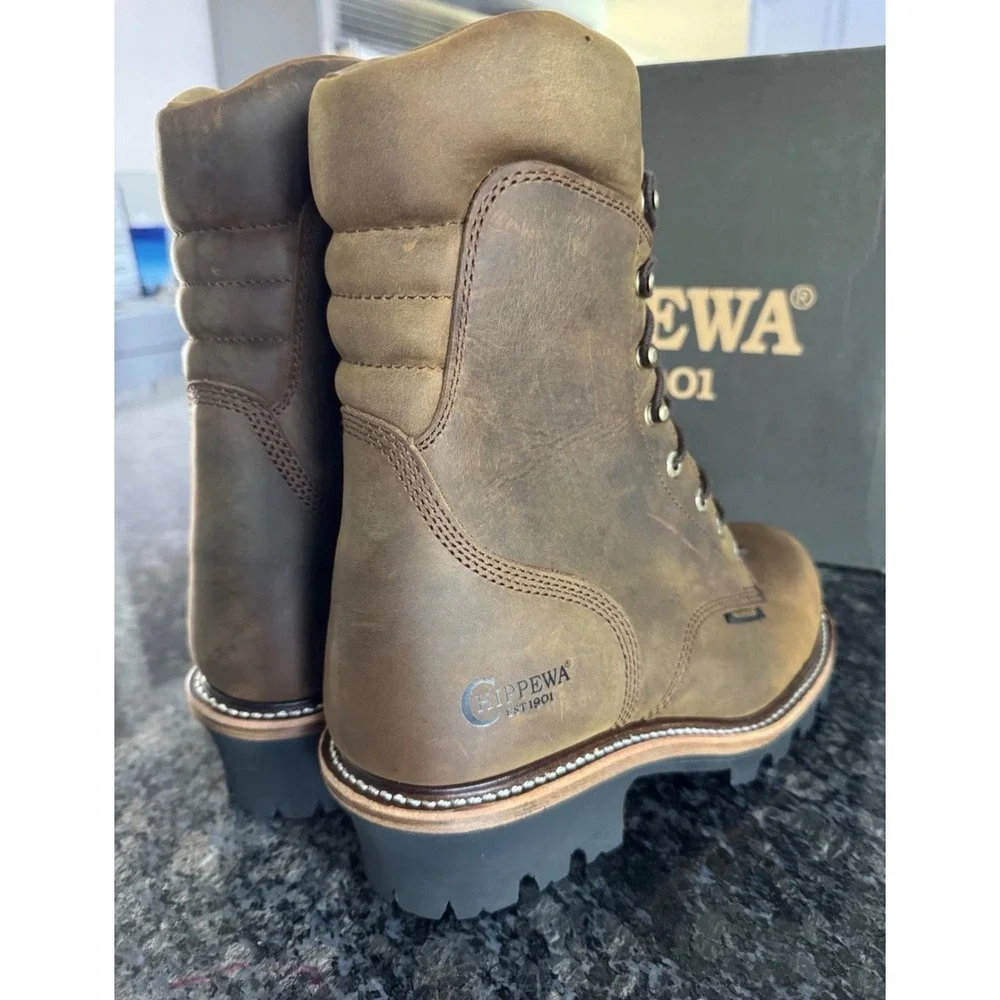 Chippewa Mens Waterproof Leather Logger Work Boots Brown Vibram Sole New 12 EEE